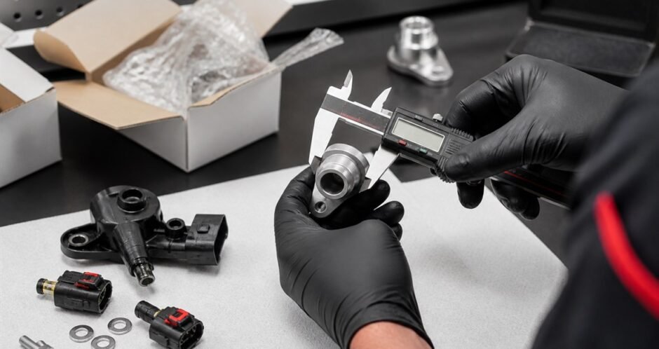 Automotive technician measuring a replacement part to check fit and compatibility