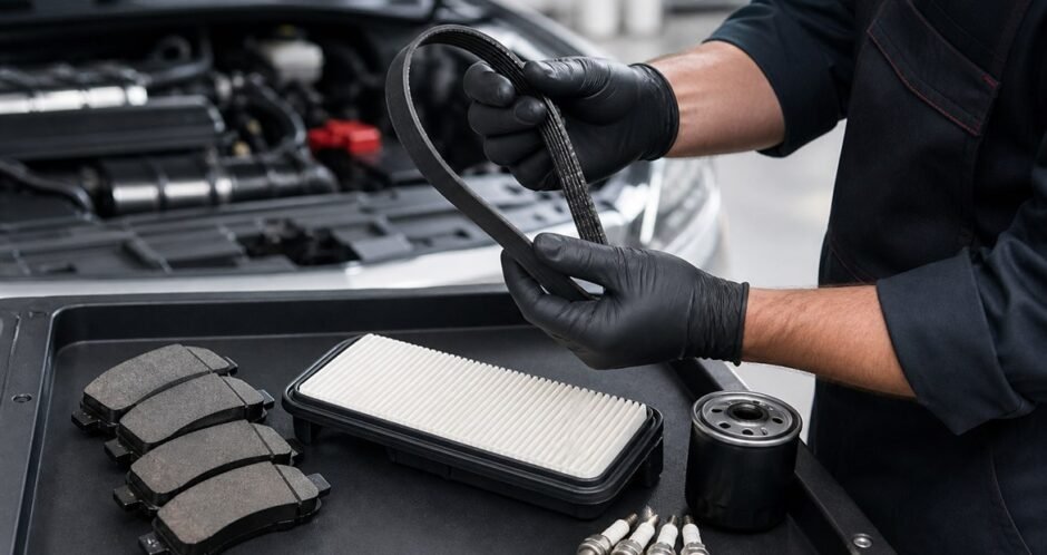 Automotive technician inspecting a drive belt with routine service parts nearby