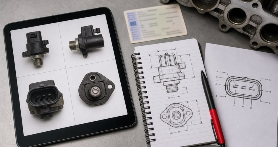 Tablet with component photos alongside vehicle registration details and part notes