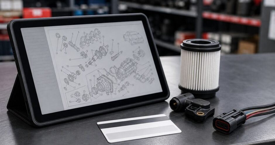 Digital vehicle parts catalogue showing VIN-based component identification